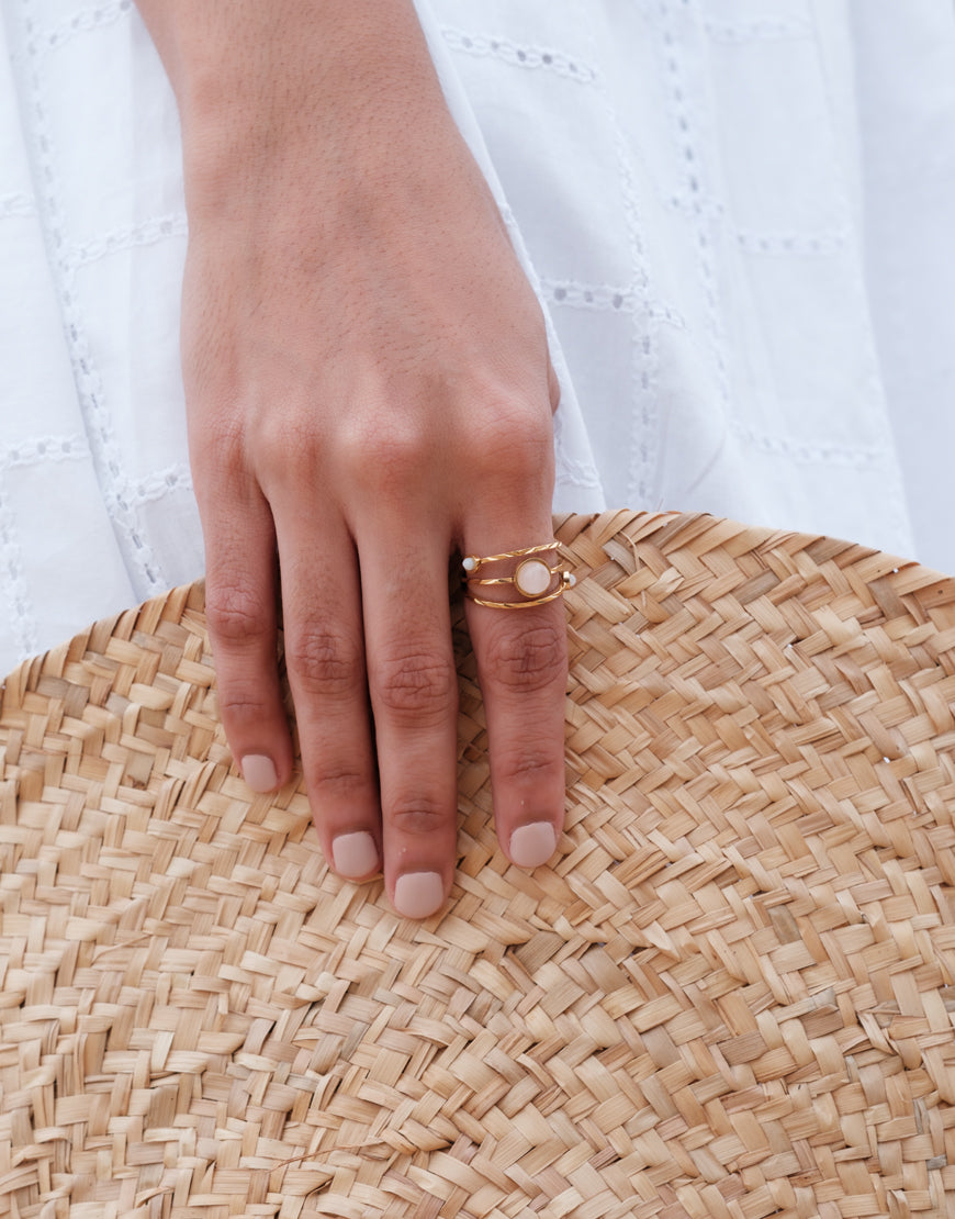 18K Plated Layered Ring with Rose Quarts