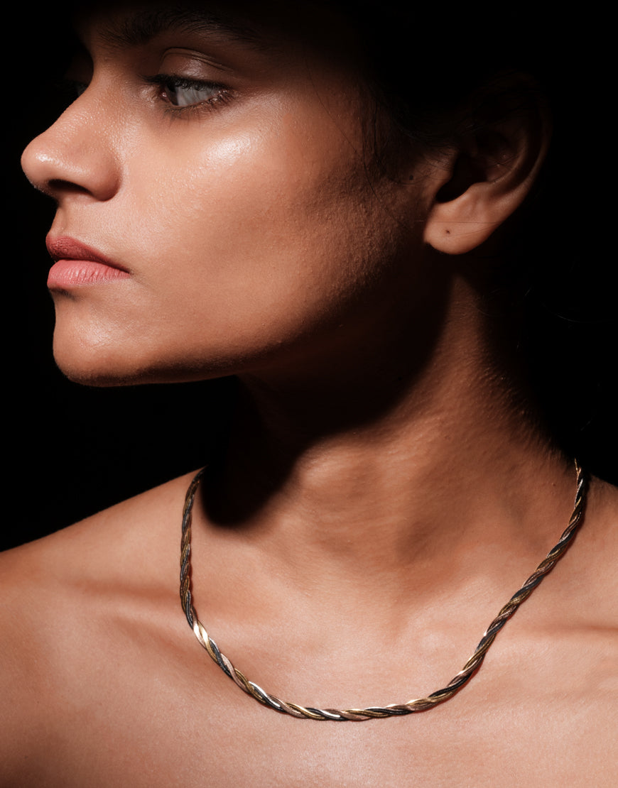 18K Plated Triple-Tone Twisted Flat Chain