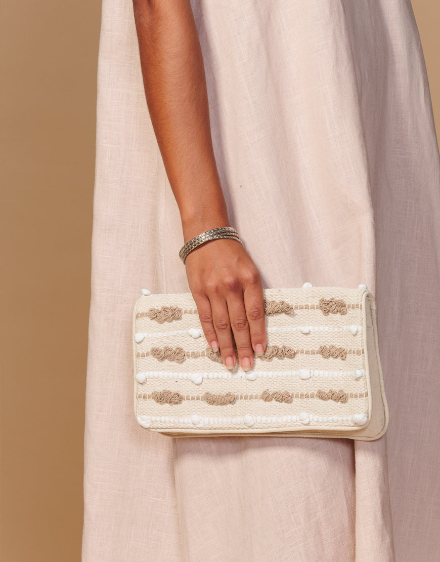 Beige and white Woven Pouch