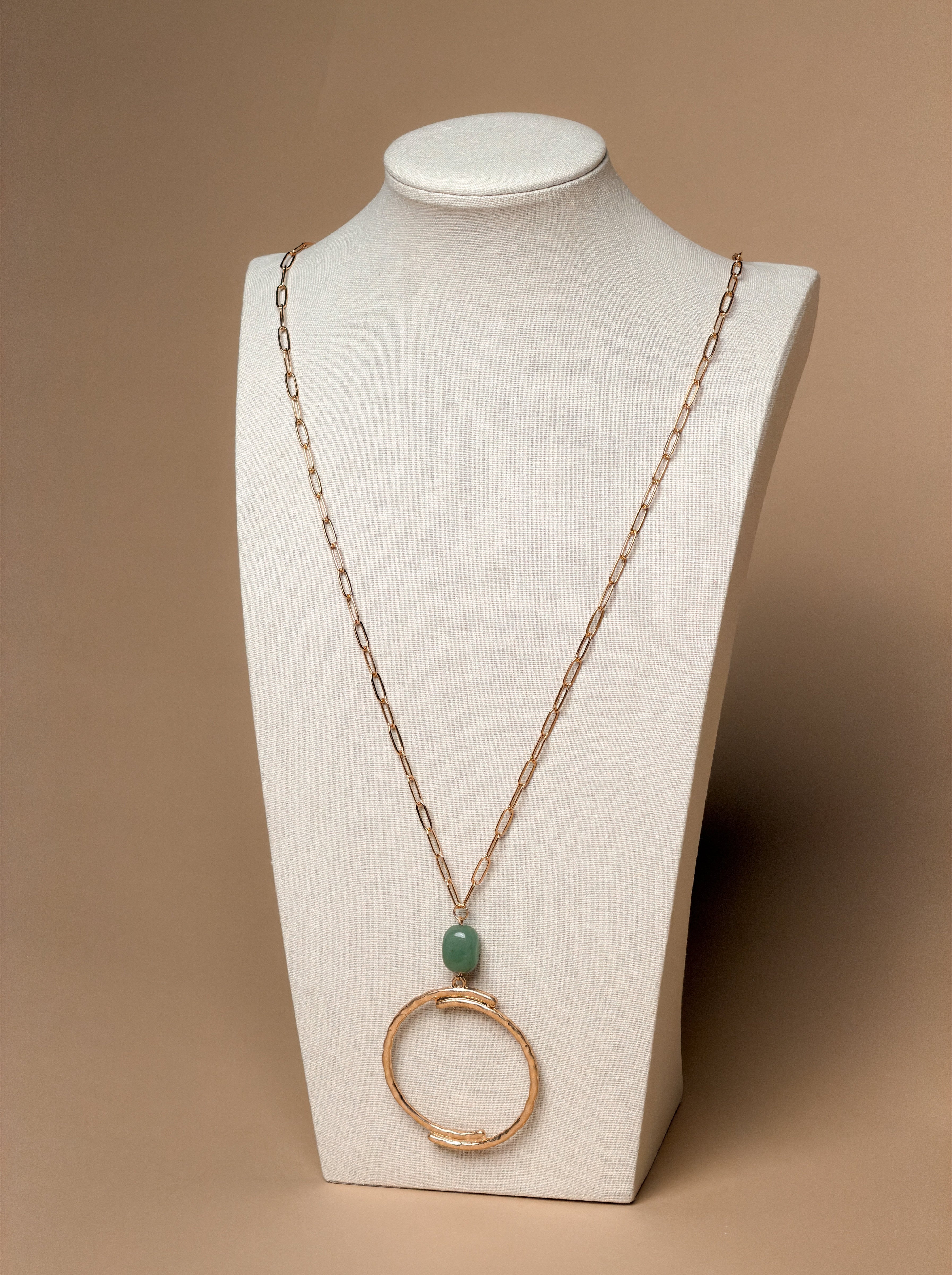 Long Necklace With Emerald Resin and Metal Pendant in Brushed Gold Tone